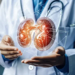 Un medico in camice regge l’immagine luminosa di due reni